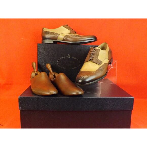 NIB PRADA 2EF020 BURNISHED BROWN TAN LEATHER BROGUE OXFORDS TREES SET 10 main image 10